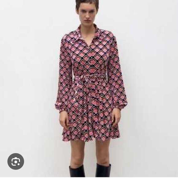 Zara NWOT Women's Size XS Pink Geo Print Velvet Belted Mini Shirt Dress - Picture 2 of 14
